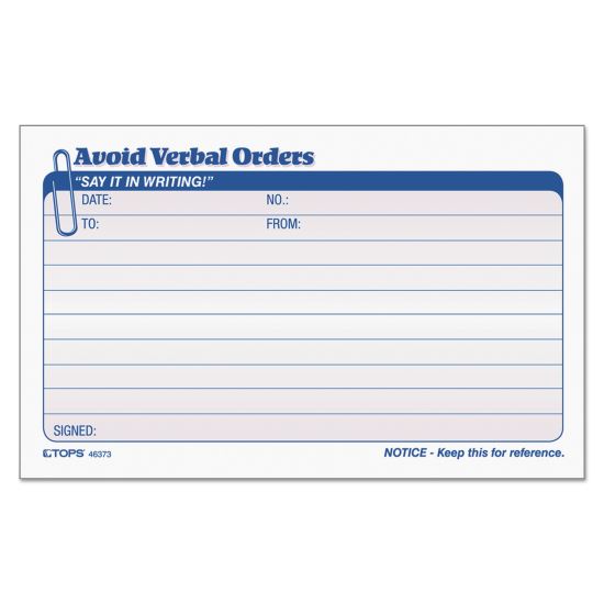 Avoid Verbal Orders Manifold Book, Two-Part Carbonless, 6.25 x 4.25, 1/Page, 50 Forms 1