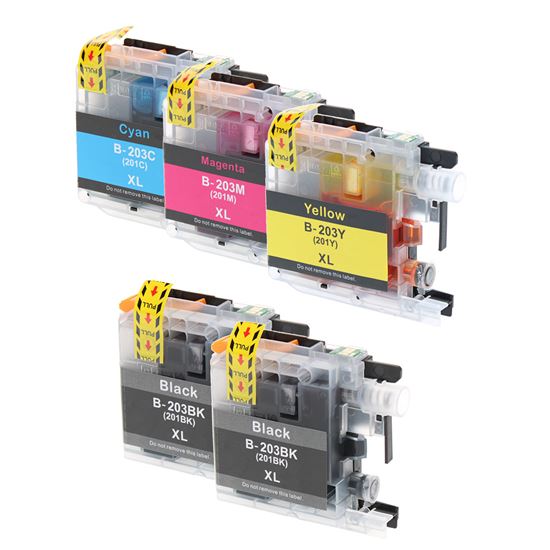 Compatible Brother LC203 (LC203BK/LC203C/LC203M/LC203Y) Inkjet Color Combo, 2xBlack, Cyan, Magenta, Yellow 550 High Yield, 5 Cartridge Pack (2K/1C/1M/1Y) 1
