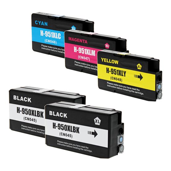 Remanufactured HP 950XL/951XL (CN045, CN046, CN047, CN048) Inkjet Color Combo, 2xBlack, Cyan, Magenta, Yellow 2300/1500 High Yield, 5 Cartridge Pack (2K/1C/1M/1Y) 1