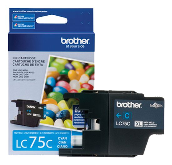 Brother Genuine LC75C High-Yield Cyan Ink Cartridge (600 Yield) 1