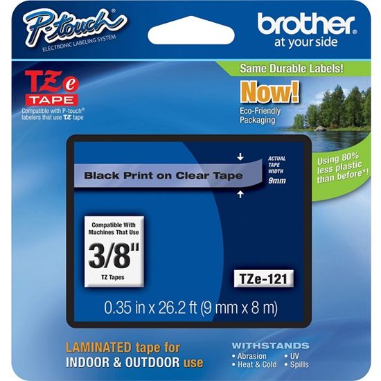 Brother 9mm (3/8") Black on Clear Laminated Tape (8m/26.2') (1/Pkg) 1