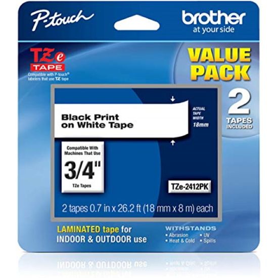 Brother 18mm (0.7") Black on White Laminated Tape (2 Pack of TZE241) For use in All TZ Mach. EXCEPT PT200/1000/1010/1090/1100/1130/1160/ 1170S/1180/1200/1280/1290 & D200 E100 H100 H200 1