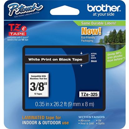 Brother 9mm (3/8") White on Black Laminated Tape (8m/26.2') (1/Pkg) 1