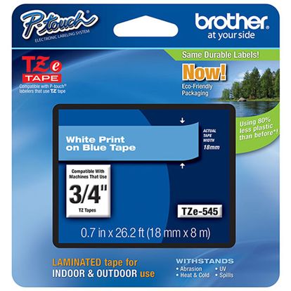 Brother 18mm (3/4") White on Blue Laminated Tape (8m/26.2') (1/Pkg) 1