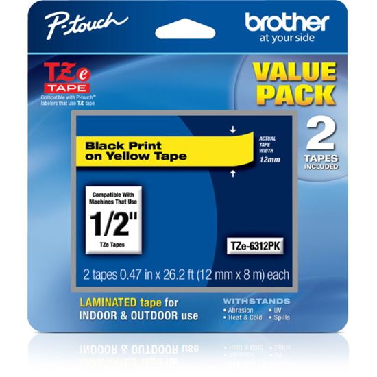 Brother 12mm (0.47") Black on Yellow Laminated Tape (2 Pack of TZE631) For use in TZ P-Touch: All TZ Machines 1