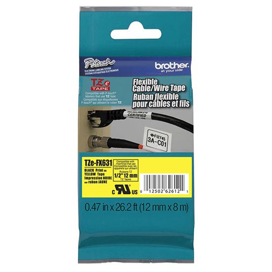 Brother 12mm (1/2") Black on Yellow Flexible ID Super Adhesive Industrial Tape (8m/26.2') (1/Pkg) 1