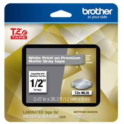 Brother P-Touch GL-100 PT-1000 1010 1090 1100 1190 1200 1230PC 1280 128AF 1290 1400 1500PC 1700 White Print on Premium Matte Gray Laminated Tape (12mm (0.47") Wide x 8m (26.2') Long) 1