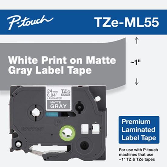 Brother White Print on Premium Matte Gray Laminated Tape (24mm (0.94") Wide x 8m (26.2') Long) 1