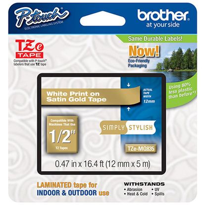 Brother 12mm (1/2") Simply Stylish White on Satin Gold Laminated Tape (5m/16.4') (1/Pkg) 1