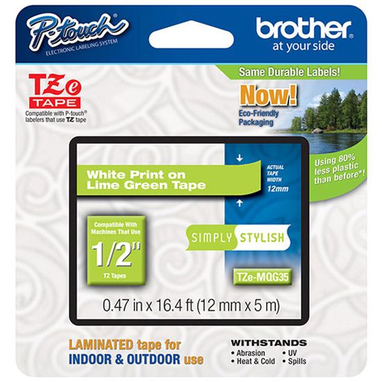 Brother 12mm (1/2") Simply Stylish White on Lime Green Laminated Tape (5m/16.4') (1/Pkg) 1