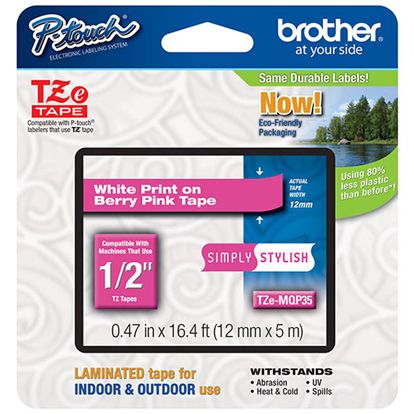 Brother 12mm (1/2") Simply Stylish White on Berry Pink Laminated Tape (5m/16.4') (1/Pkg) 1