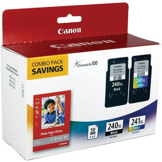 Canon (PG-240XL/CL-241XL) High Yield Black and Color Ink Combo Pack (Includes 1 Each of OEM# 5206B001 5208B001 50 Sheets Photo Paper) (300 Yield Black 400 Yield Color) 1