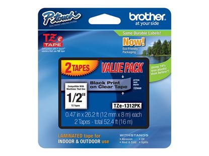 BROTHER 1/2" TZE TAPES - BLACK/CLEAR Paper and Access. 1