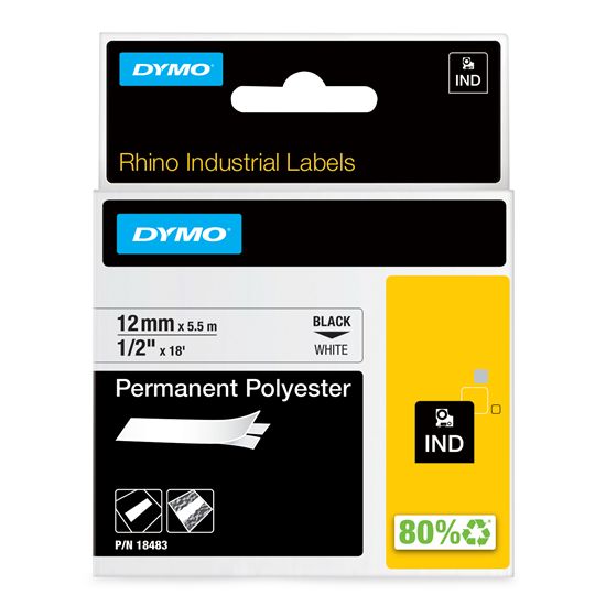 DYMO IND PERMANENT POLY - BLACK/WHITE IND LABELS - 18' 1