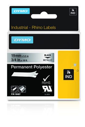 DYMO IND PERMANENT POLY - BLACK/METALLIC IND LABEL - 18' 1