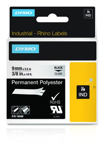 DYMO IND PERMANENT POLY - BLACK/CLEAR IND LABELS - 18' 1