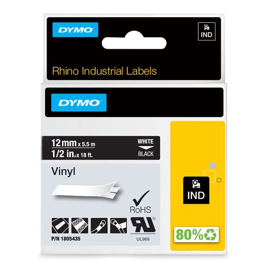 DYMO IND VINYL LABELS - WHITE/BLACK IND LABELS - 18' 1