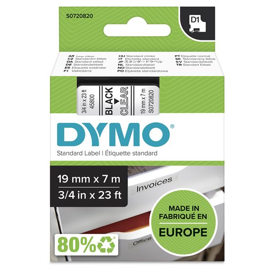 DYMO D1 STANDARD LABELS - BLACK/CLEAR D1 LABELS - 23' 1