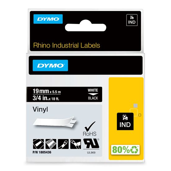 DYMO IND VINYL LABELS - WHITE/BLACK IND LABELS - 18' 1