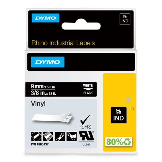 DYMO IND VINYL LABELS - WHITE/BLACK IND LABELS - 18' 1