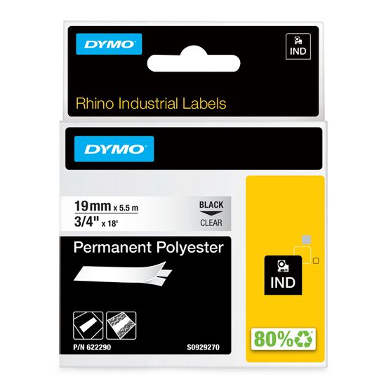 DYMO IND PERMANENT POLY - BLACK/CLEAR IND LABELS - 18' 1