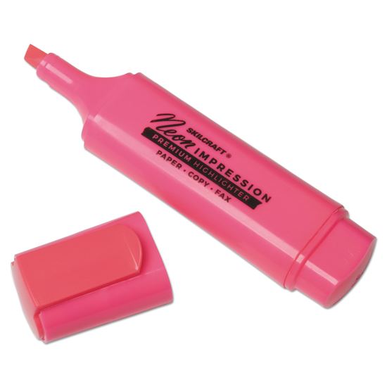 7520013519146, SKILCRAFT Flat Fluorescent Highlighter, Fluorescent Pink Ink, Chisel Tip, Pink Barrel, Dozen 1