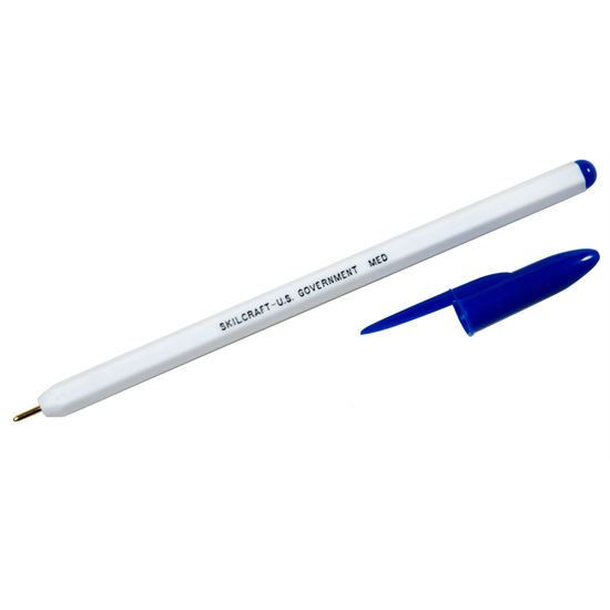 7520010589977, SKILCRAFT Ballpoint Pen, Stick, Medium 1 mm, Blue Ink, White Barrel, Dozen 1